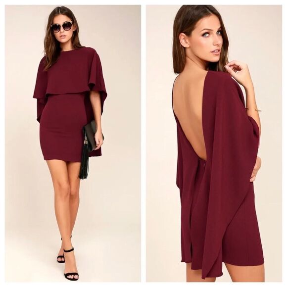 Lulus Burgundy Backless Mini Cape Dress - Picture 3 of 8